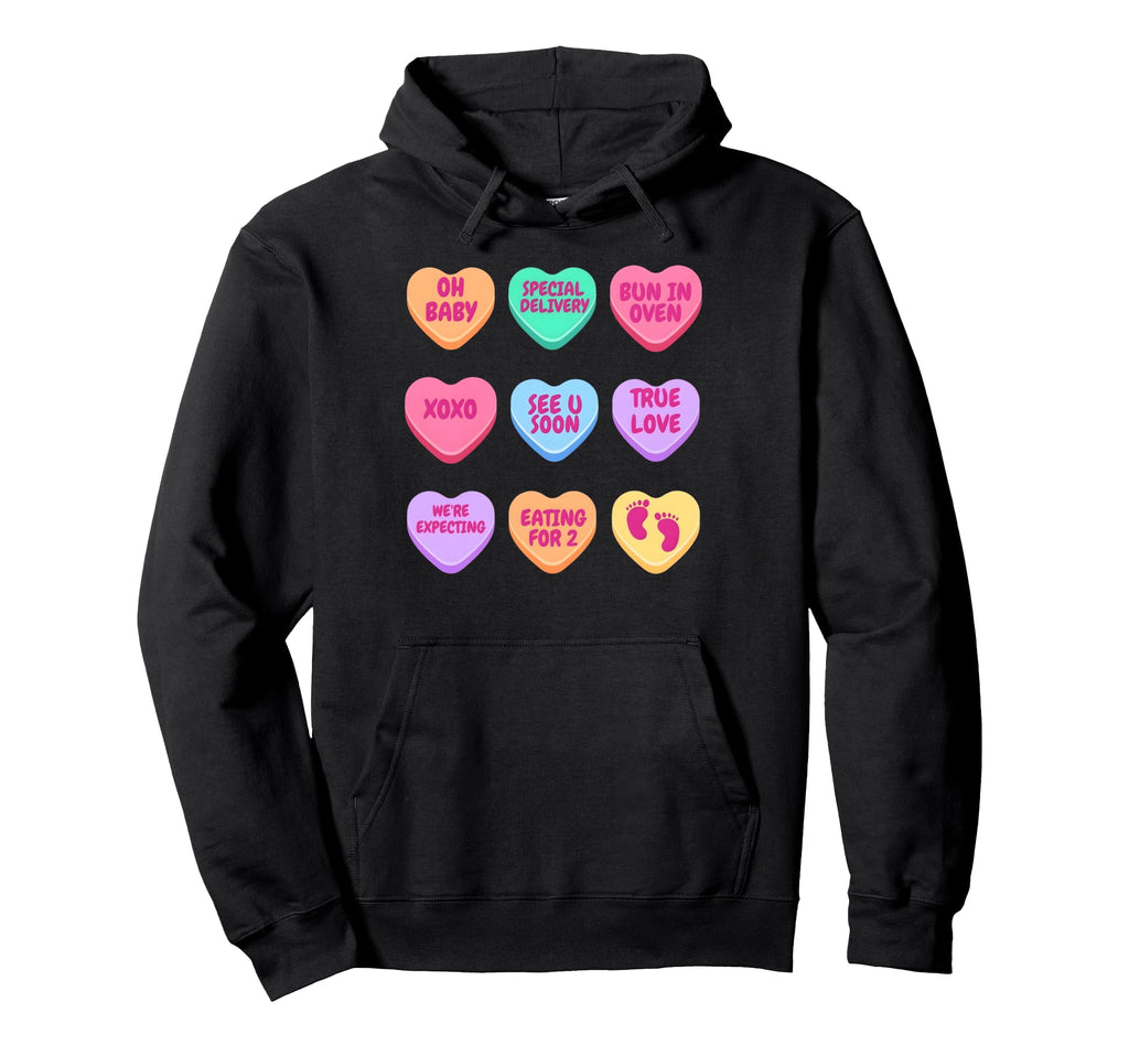 Pregnancy Announcement Hearts Candy Hoodie - Trendy Graphic for Adults - T-Shirt, Sweatshirt, Hoodie