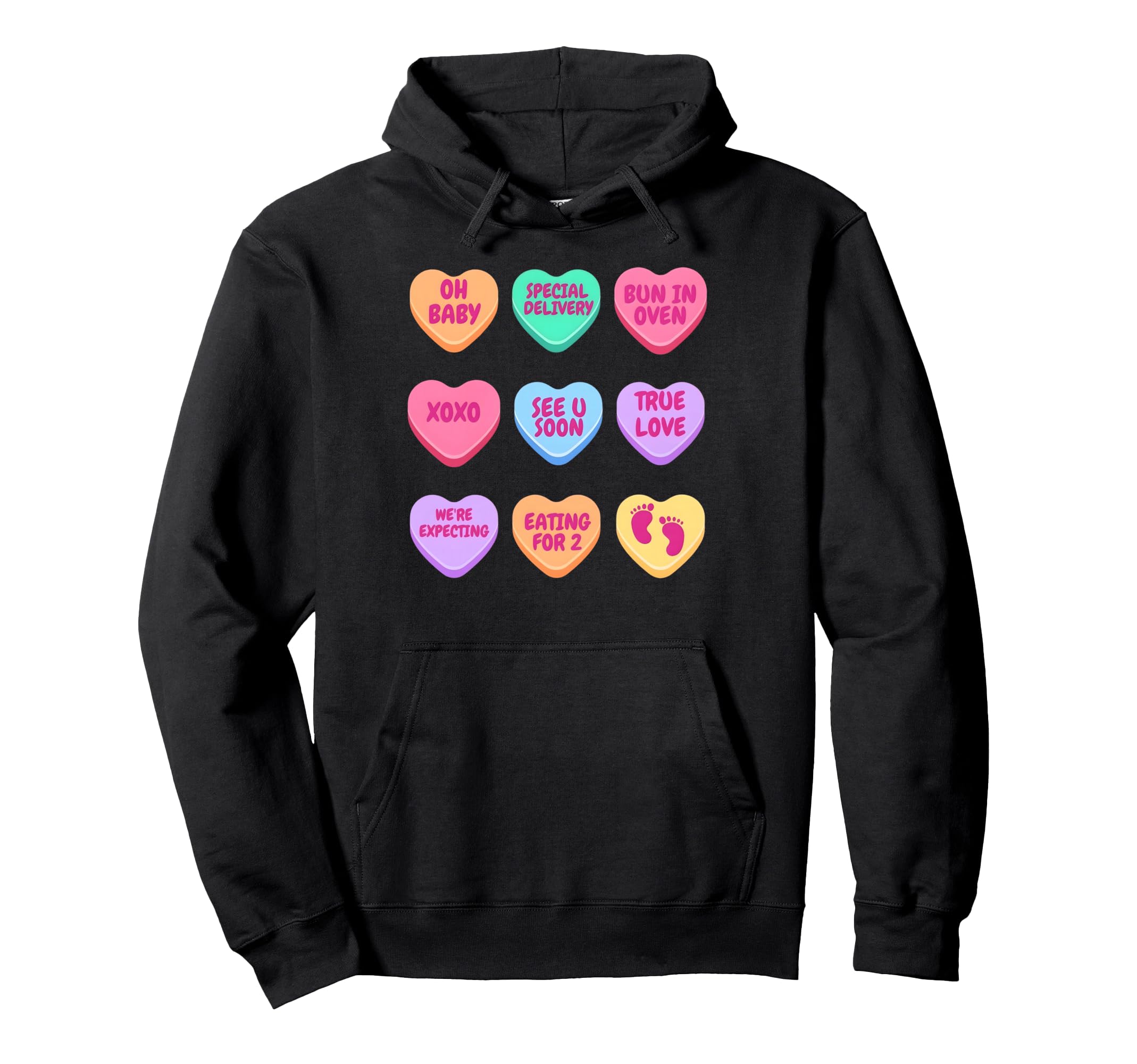 Pregnancy Announcement Hearts Candy Hoodie - Trendy Graphic for Adults - T-Shirt, Sweatshirt, Hoodie