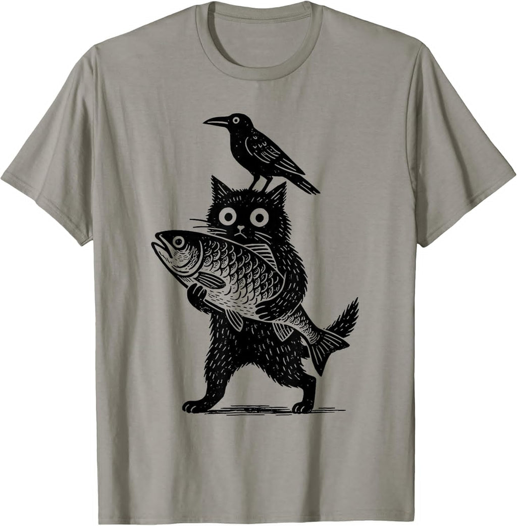 Black Animals Funny Cat with Crow Catches Fish - Adult & Kids T-Shirts, Sweatshirts & Hoodies apparel design preview 1