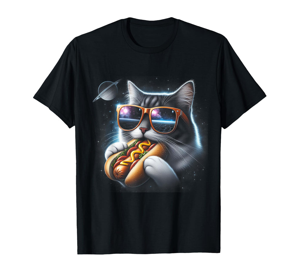 Funny Cat Eating Hotdog Space Kitty Space T-Shirt - Unique Graphic Unisex - T-Shirt, Sweatshirt, Hoodie