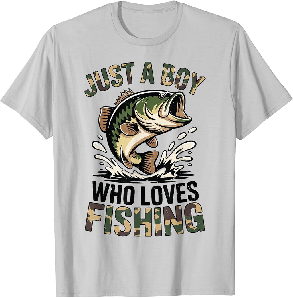 Youth Fishing Camo Bass Fish Just Boy Who Love Funny - Adult & Kids T-Shirts, Sweatshirts & Hoodies apparel design preview 1