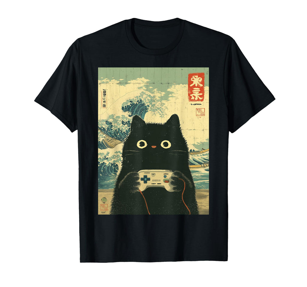 Japanese Black Gamer Cat Video Games T-Shirt - Streetwear Style Men Women - T-Shirt, Sweatshirt, Hoodie