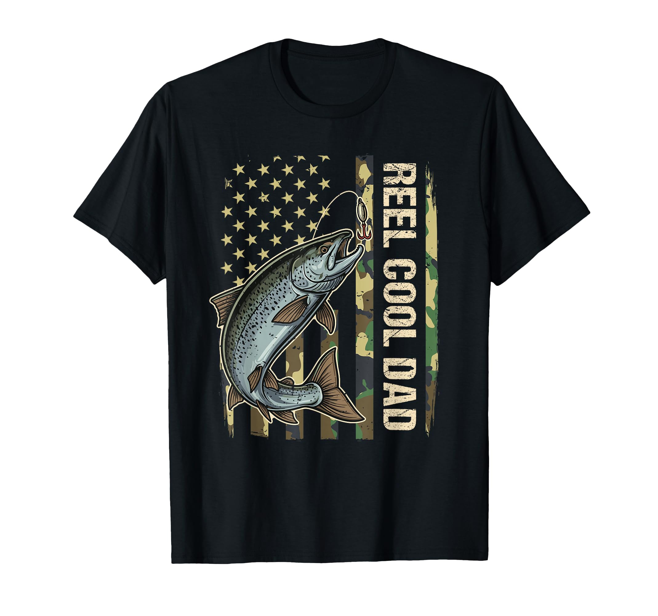 Reel Dad Salmon Fishing Camo American T-Shirt - Graphic Print for Adults - T-Shirt, Sweatshirt, Hoodie