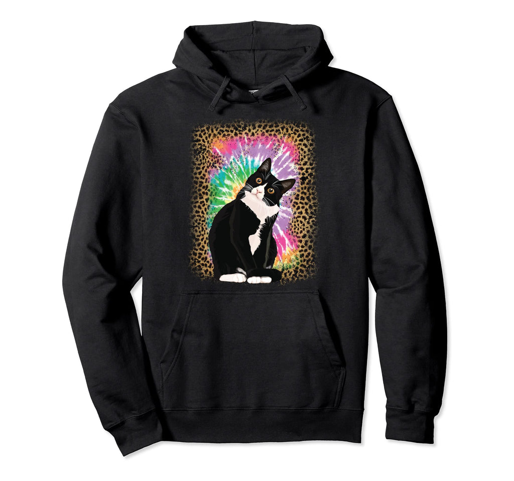 Tuxedo Cat Tie Dye Leopard Background Hoodie - Trendy Graphic for Adults - T-Shirt, Sweatshirt, Hoodie