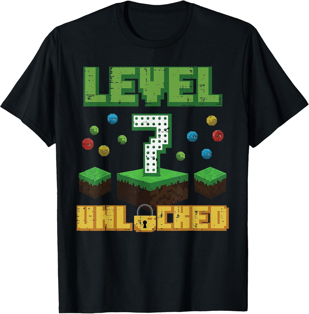 Level 7 Unlocked Pixel Gamer 7th Birthday Gaming Boys - Adult & Kids T-Shirts, Sweatshirts & Hoodies apparel design preview 1
