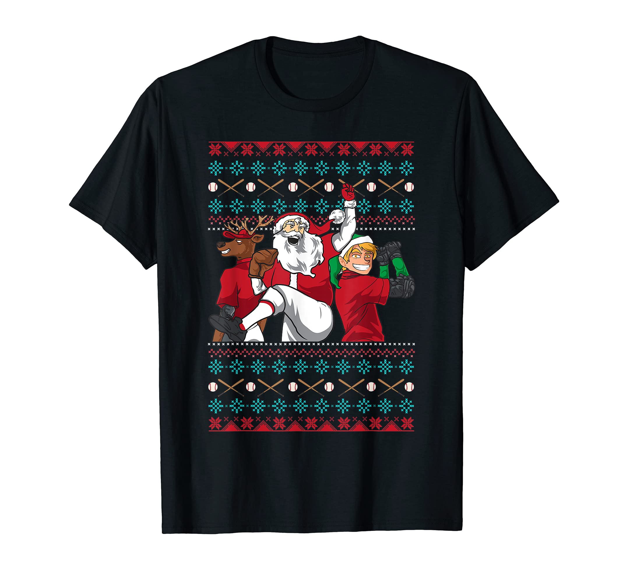 Elf Reindeer Santa Baseball Player T-Shirt - Aesthetic Graphic for Adults - T-Shirt, Sweatshirt, Hoodie