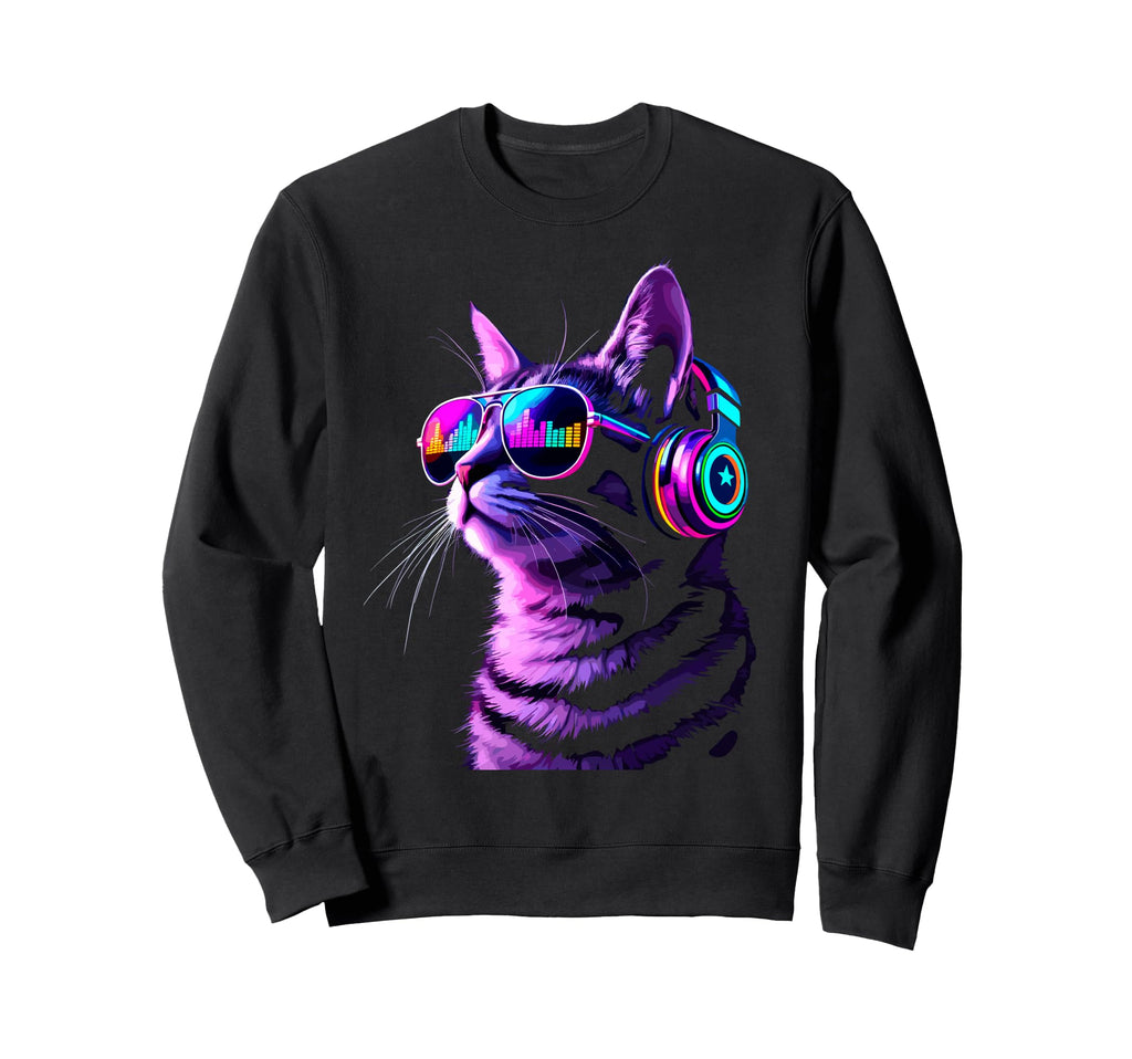 Headphones Cat Techno Edm Music Sweatshirt - Unique Graphic for Adults - T-Shirt, Sweatshirt, Hoodie