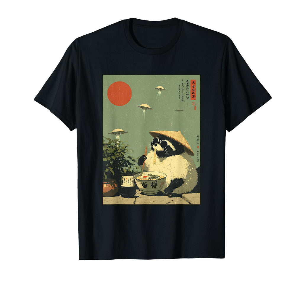Funny Japanese Raccoon Ramen Ufo Alien T-Shirt - Graphic Print Unisex - T-Shirt, Sweatshirt, Hoodie