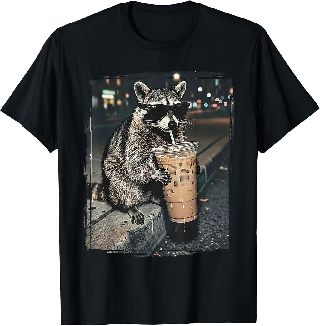 Raccoon Drinking Iced Coffee Funny Animal Meme Men - Adult & Kids T-Shirts, Sweatshirts & Hoodies apparel design preview 1