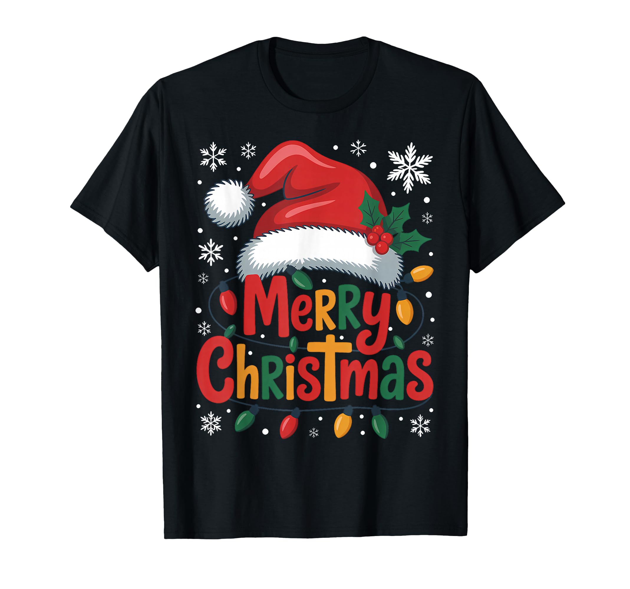 Merry Lights Red Santa Hat Family T-Shirt - Unique Graphic Men Women - T-Shirt, Sweatshirt, Hoodie