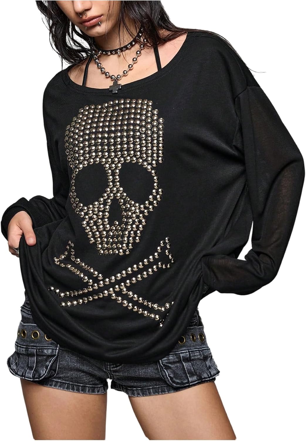 Women's Skull Rivets Grunge Punk Oversized Scoop Neck - Adult & Kids T-Shirts, Sweatshirts & Hoodies apparel design preview 1