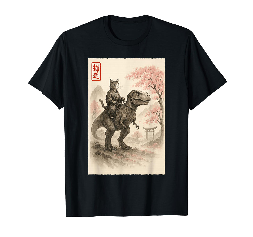 Funny Sumi E Kawaii Cat Riding T-Shirt - Aesthetic Graphic Men Women - T-Shirt, Sweatshirt, Hoodie