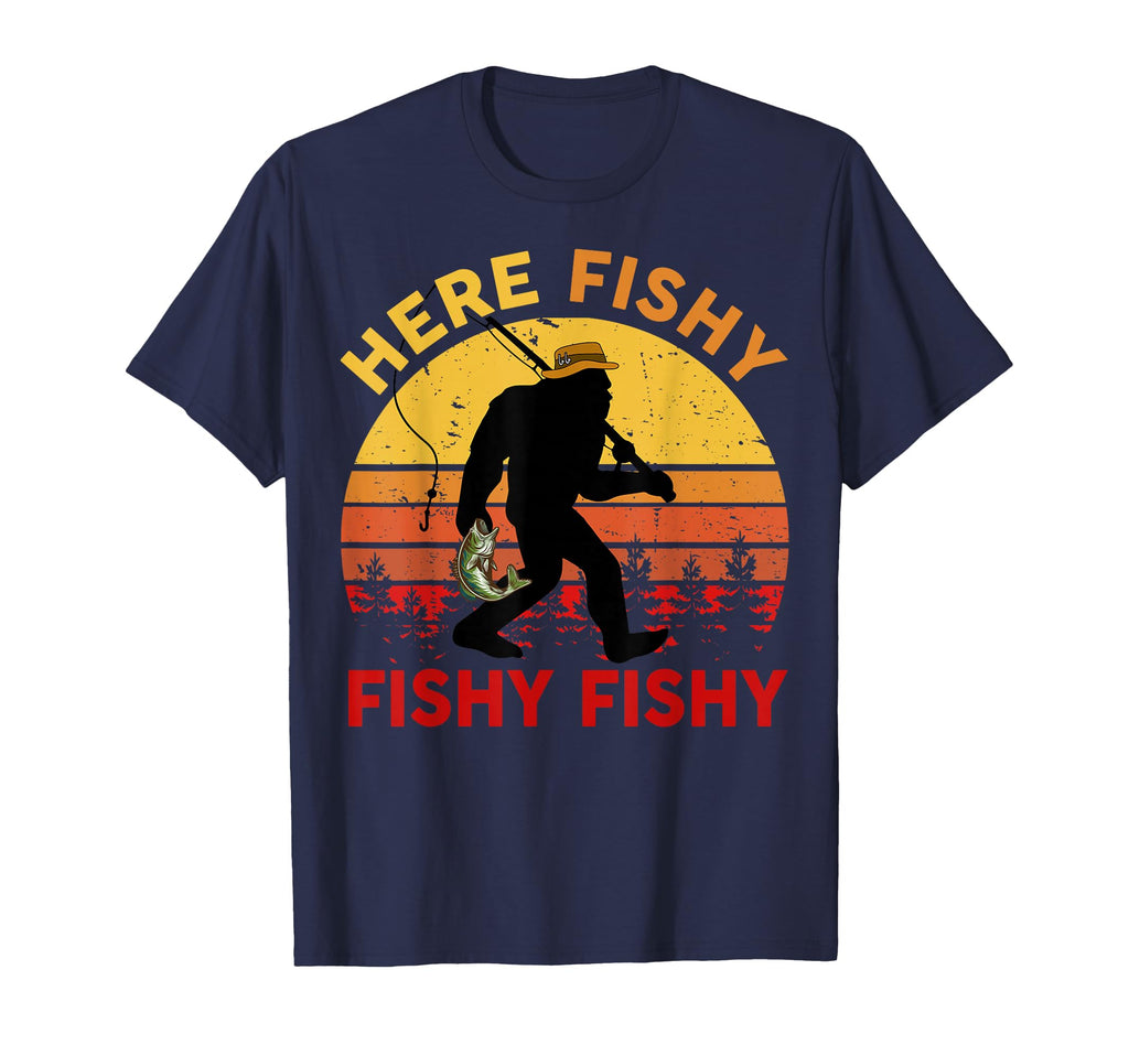 Mens Here Fishy Fishing Bigfoot T-Shirt - Graphic Print Men Women - T-Shirt, Sweatshirt, Hoodie