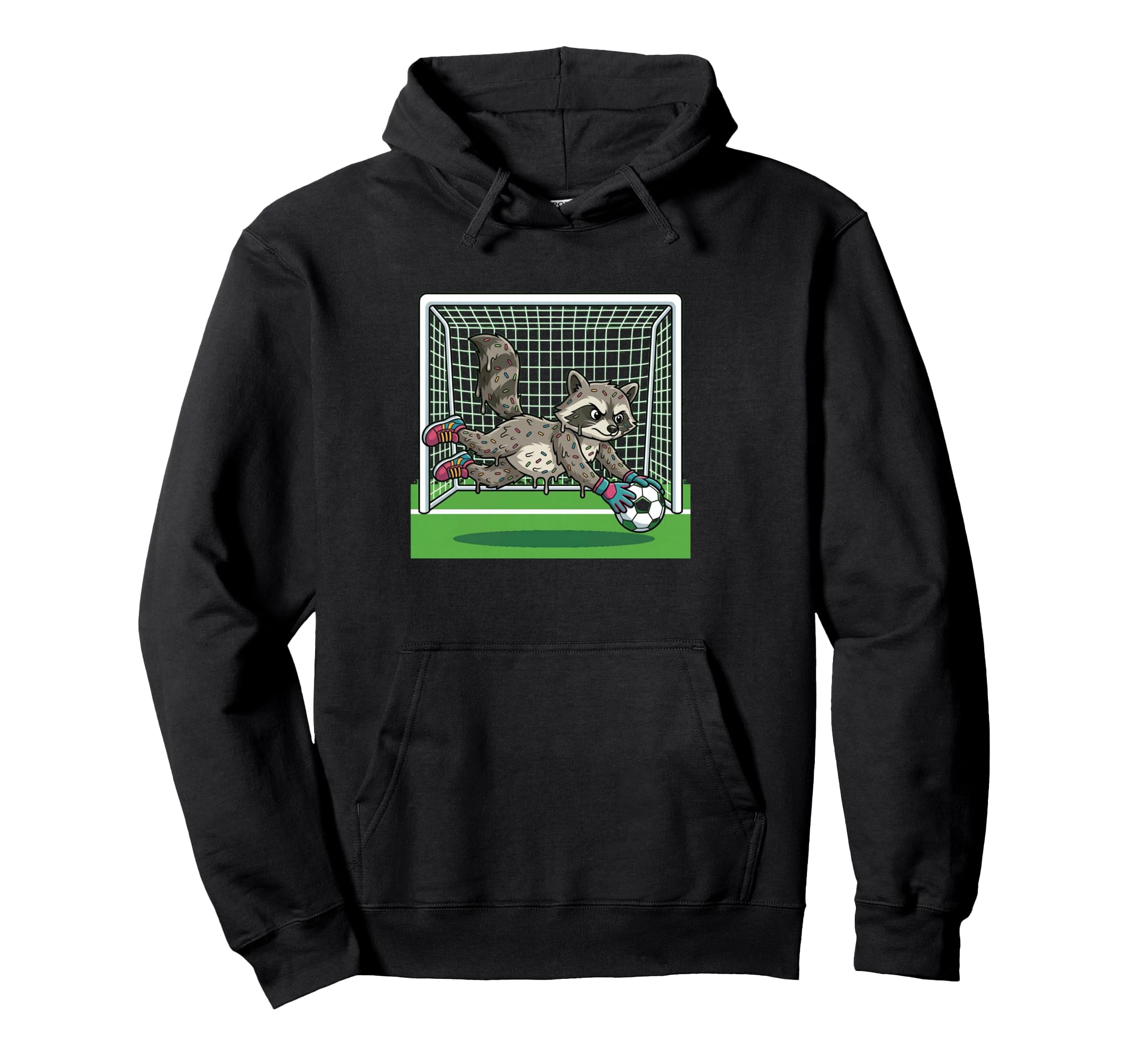 Funny Raccoon Soccer Goalie Donut Hoodie - Fun Novelty Design Unisex - T-Shirt, Sweatshirt, Hoodie