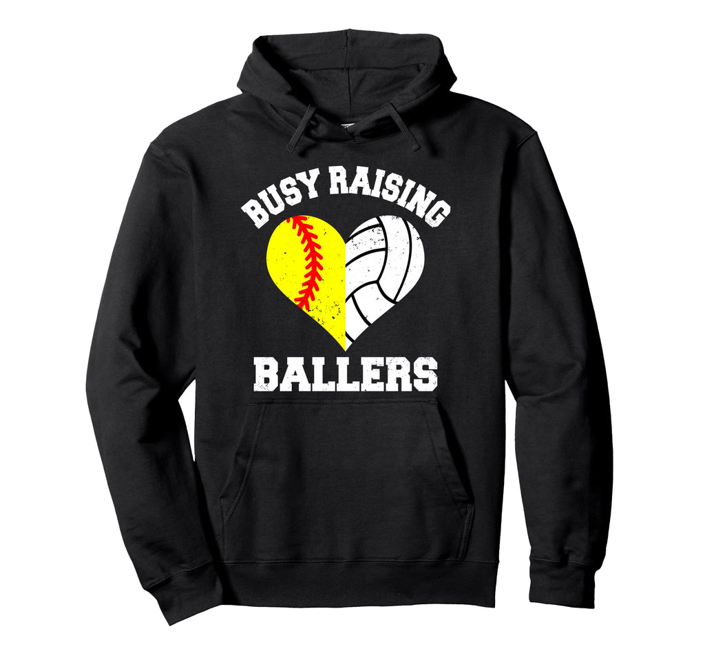 Busy Raising Ballers Softball Volleyball Hoodie - Trendy Graphic Unisex - T-Shirt, Sweatshirt, Hoodie