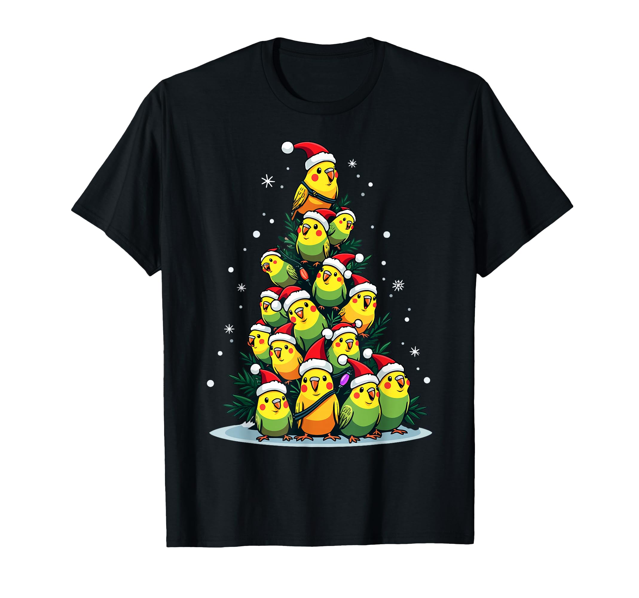 Shell Parakeet Tree Lights Santa Hats Hoodie - Unique Graphic for Adults - T-Shirt, Sweatshirt, Hoodie