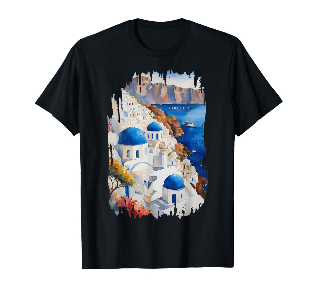 Santorini Oia Painting Watercolour T-Shirt - Unique Graphic for Adults - T-Shirt, Sweatshirt, Hoodie