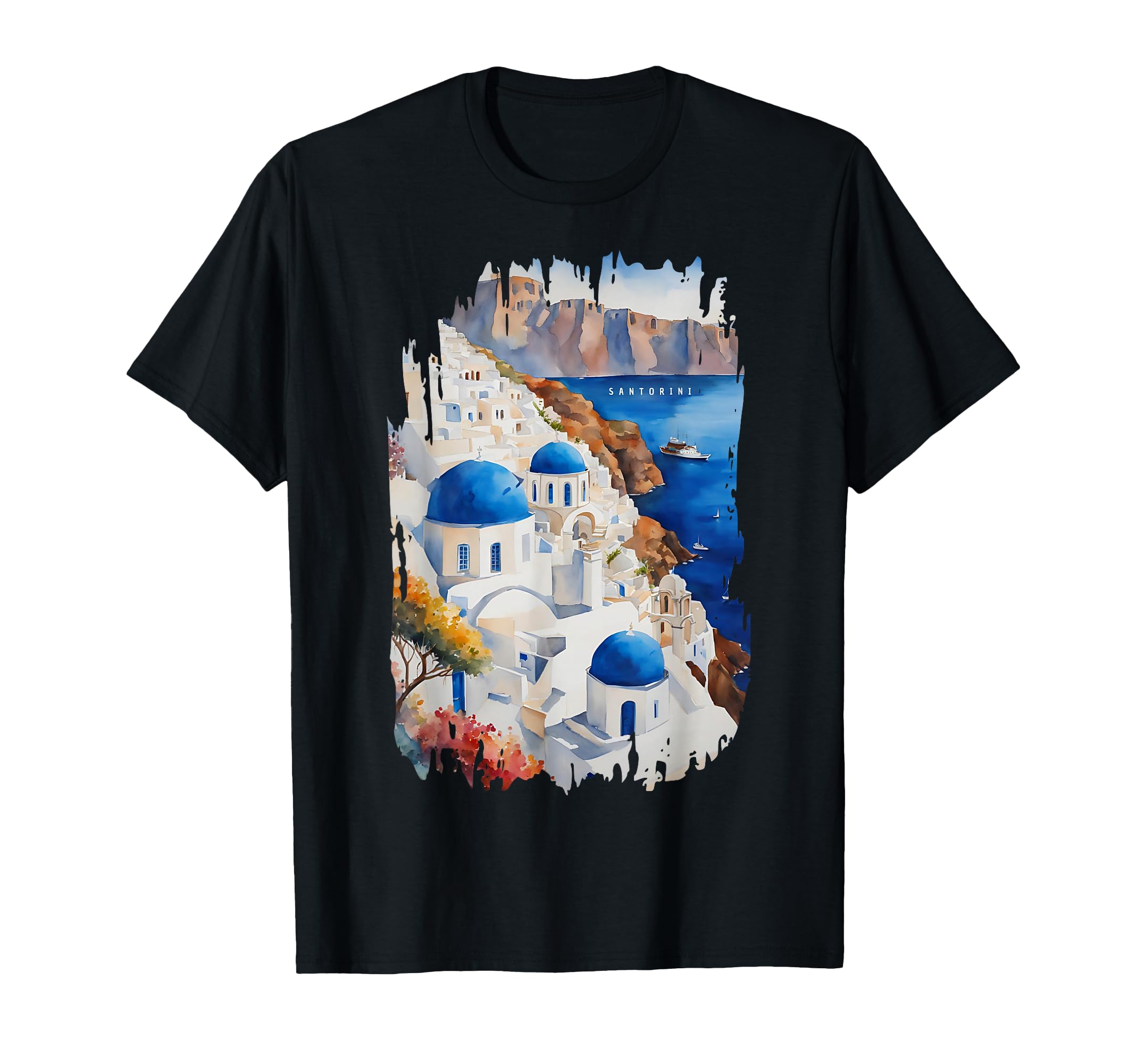 Santorini Oia Painting Watercolour T-Shirt - Unique Graphic for Adults - T-Shirt, Sweatshirt, Hoodie