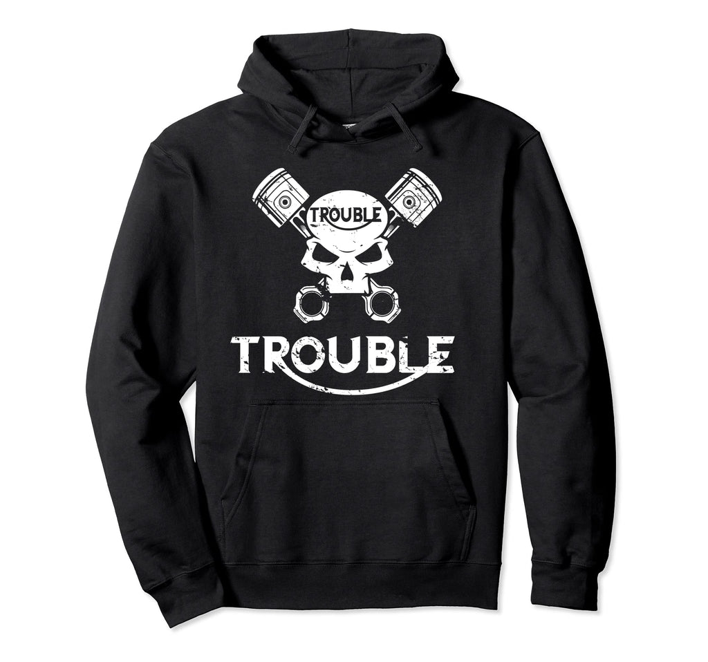 Motorcycle Skull And Pistons Trouble Hoodie - Minimalist Print for Adults - T-Shirt, Sweatshirt, Hoodie