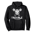 Motorcycle Skull And Pistons Trouble Hoodie - Minimalist Print for Adults - T-Shirt, Sweatshirt, Hoodie
