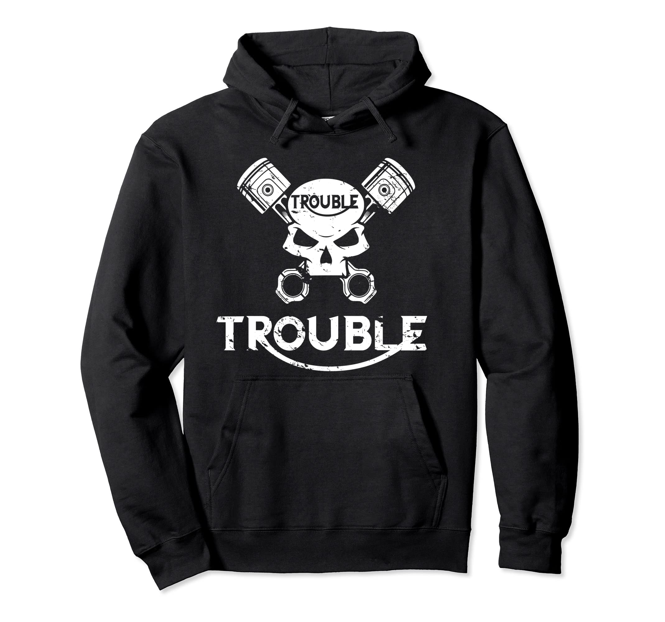 Motorcycle Skull And Pistons Trouble Hoodie - Minimalist Print for Adults - T-Shirt, Sweatshirt, Hoodie