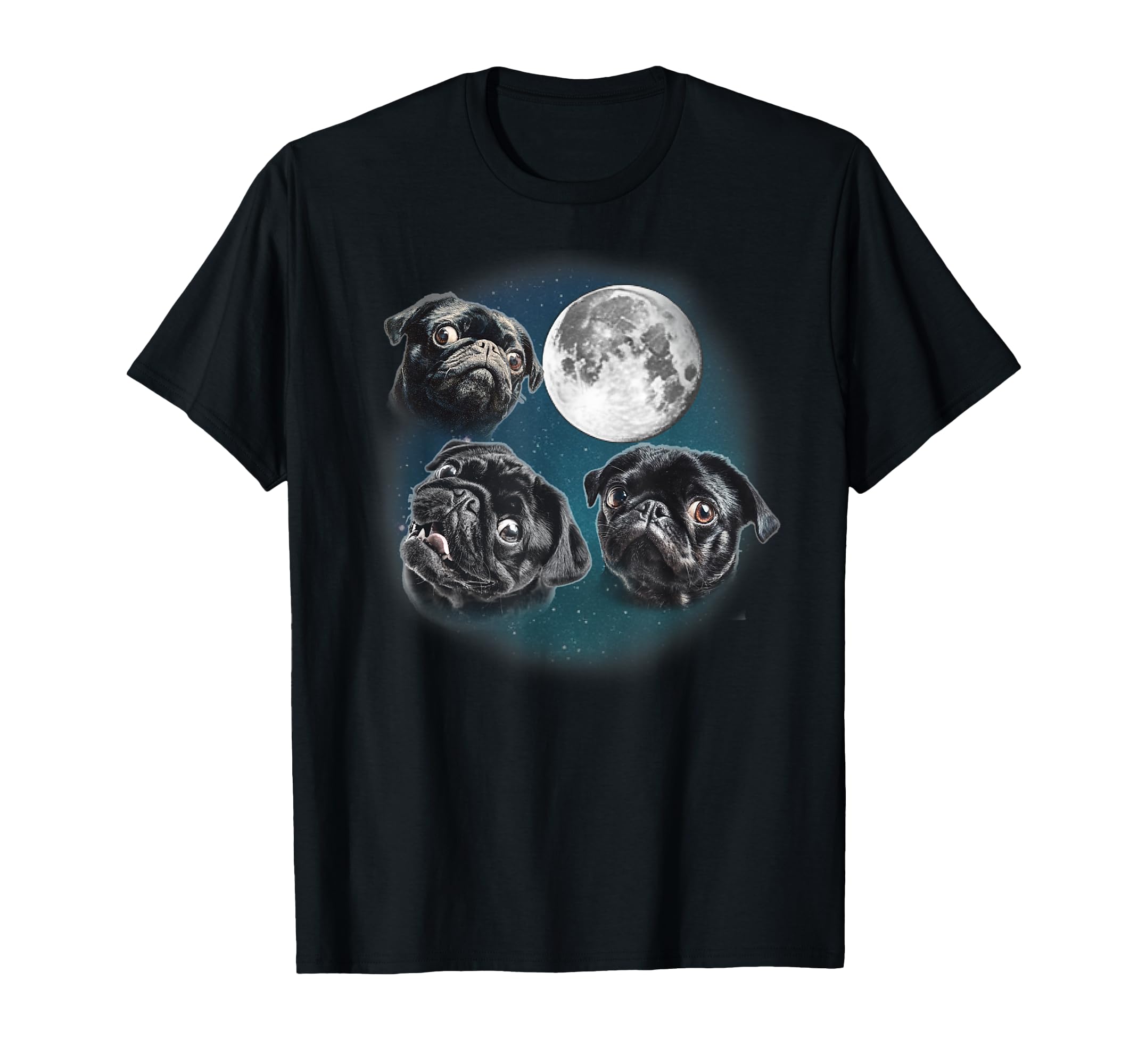 Funny Three 3 Moon Howling Black Pug Dog T-Shirt - Graphic Print Unisex - T-Shirt, Sweatshirt, Hoodie