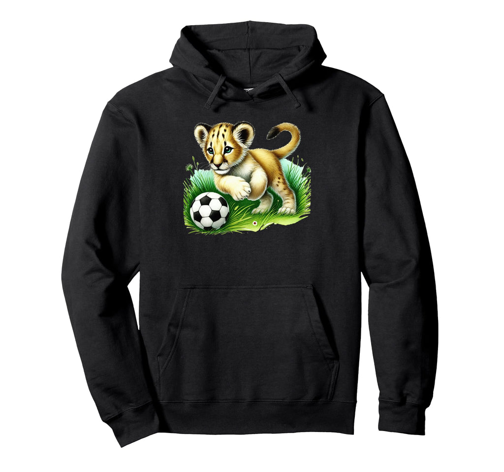 Adorable Lion Cub Kicking Soccer Ball Hoodie - Unique Graphic Unisex - T-Shirt, Sweatshirt, Hoodie