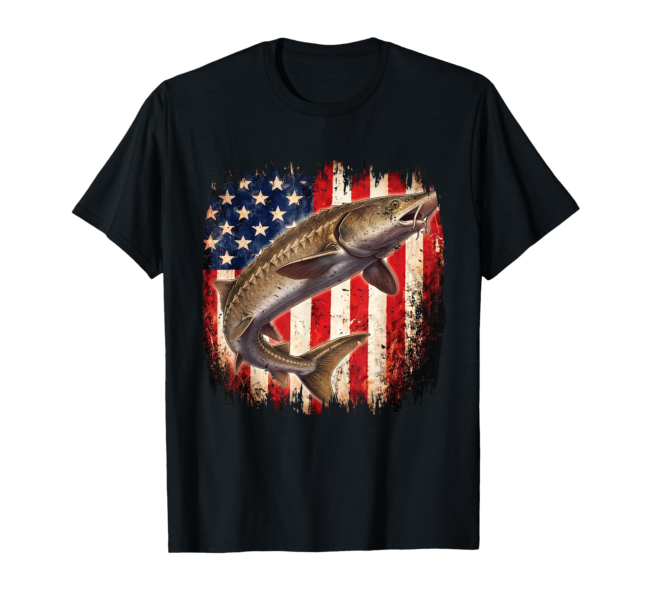 American Flag Sturgeon Fish Fishing T-Shirt - Custom Art Print Unisex - T-Shirt, Sweatshirt, Hoodie