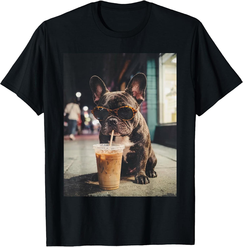 French Bulldog Drinking Iced Coffee Funny Animal - Adult & Kids T-Shirts, Sweatshirts & Hoodies apparel design preview 1