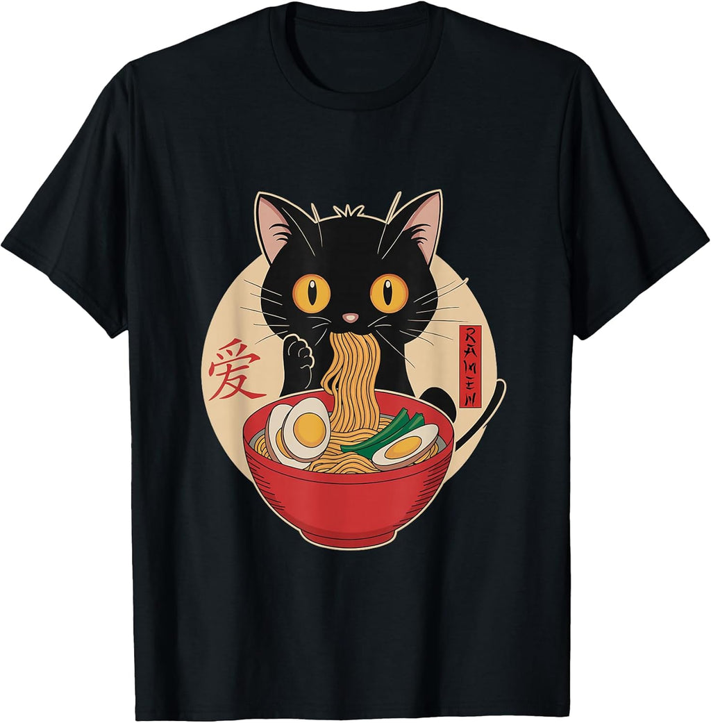 Cat Eating Ramen Noodles Funny Kawaii Japanese Anime - Adult & Kids T-Shirts, Sweatshirts & Hoodies apparel design preview 1