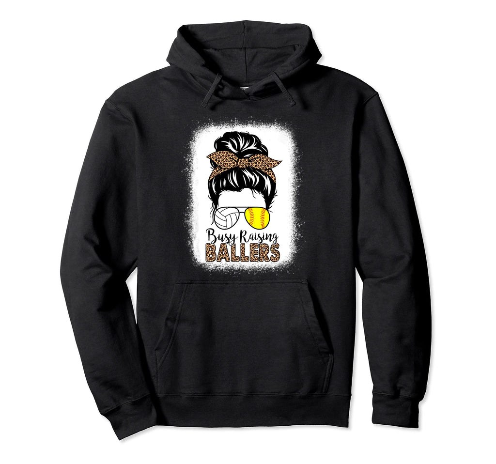 Volleyball And Softball Mom Messy Bun Busy Hoodie - Graphic Print Unisex - T-Shirt, Sweatshirt, Hoodie