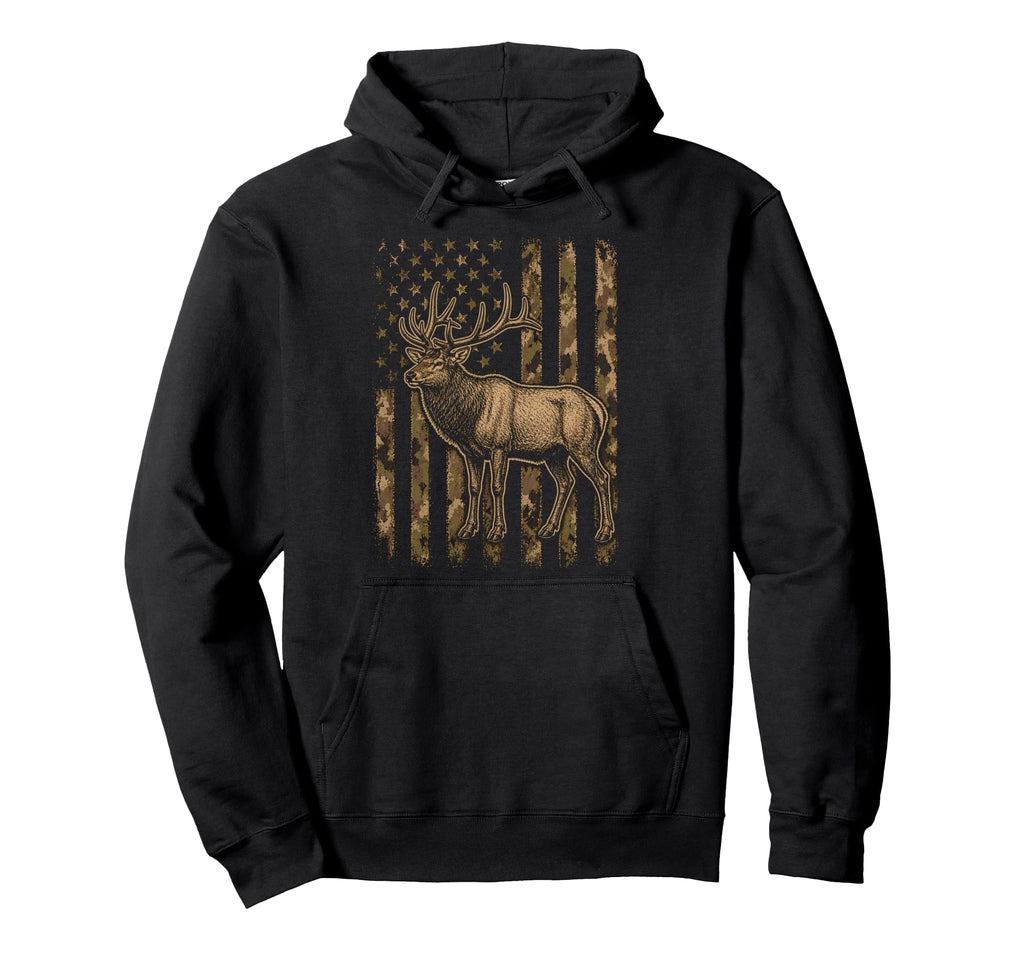 Camo Us Flag Elk Hunting Camoflage Hoodie - Graphic Print for Adults - T-Shirt, Sweatshirt, Hoodie