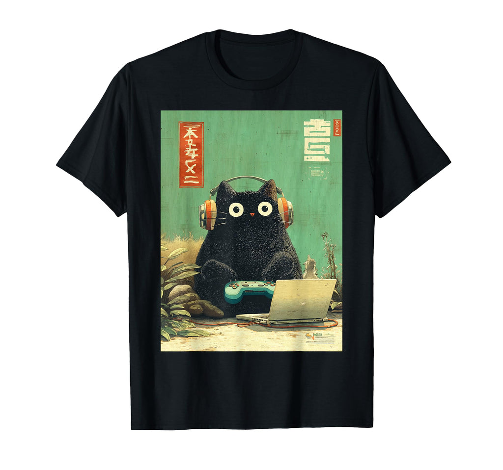 Japanese Gamer Cat Video Games T-Shirt - Minimalist Print for Adults - T-Shirt, Sweatshirt, Hoodie