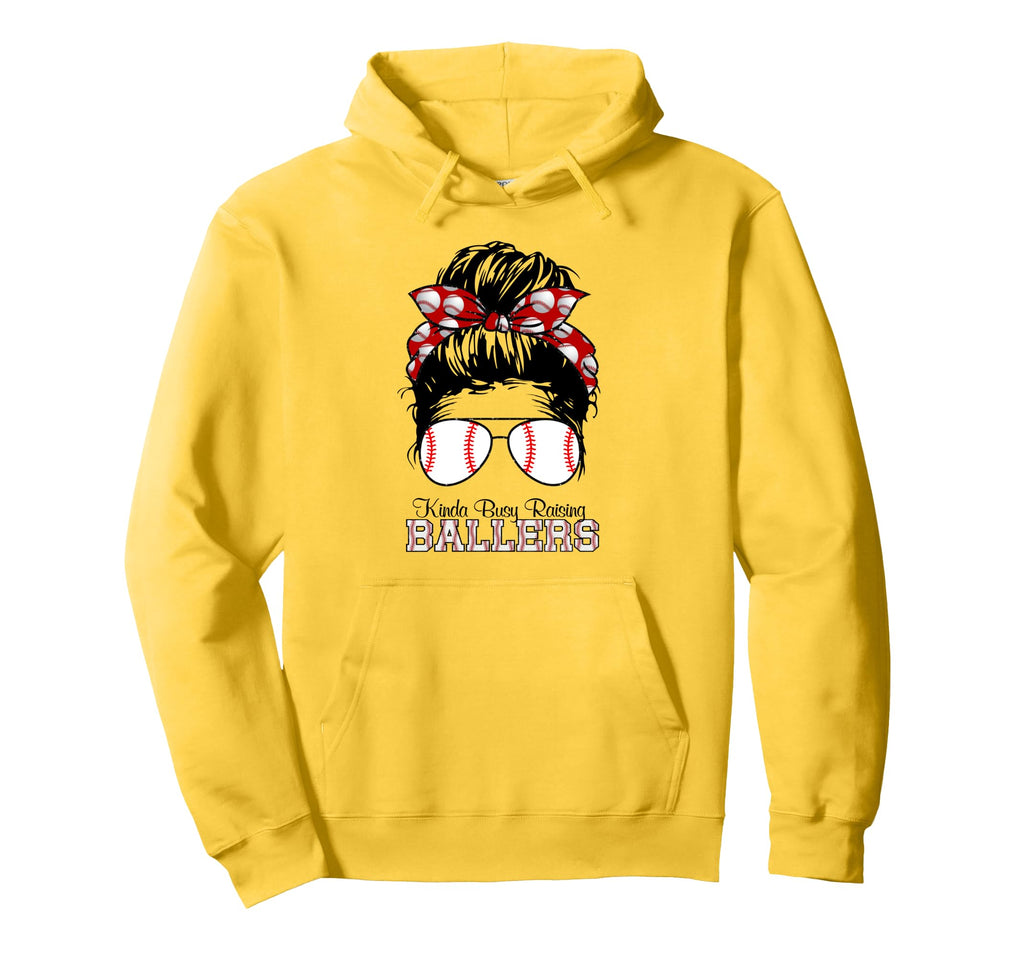 Kinda Busy Raising Ballers Messy Bun Hoodie - Novelty Apparel for Adults - T-Shirt, Sweatshirt, Hoodie
