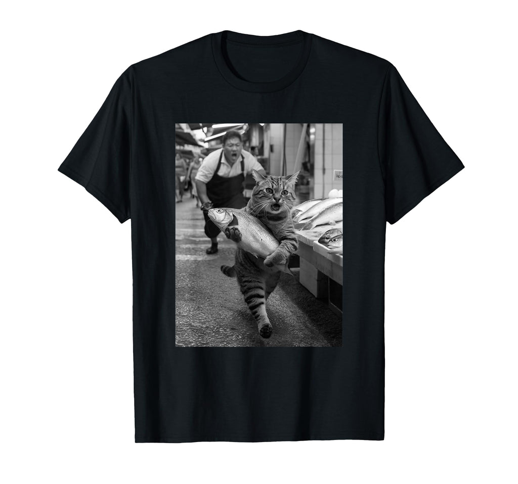 Cat Steals Fish Market Funny Black T-Shirt - Aesthetic Graphic for Adults - T-Shirt, Sweatshirt, Hoodie