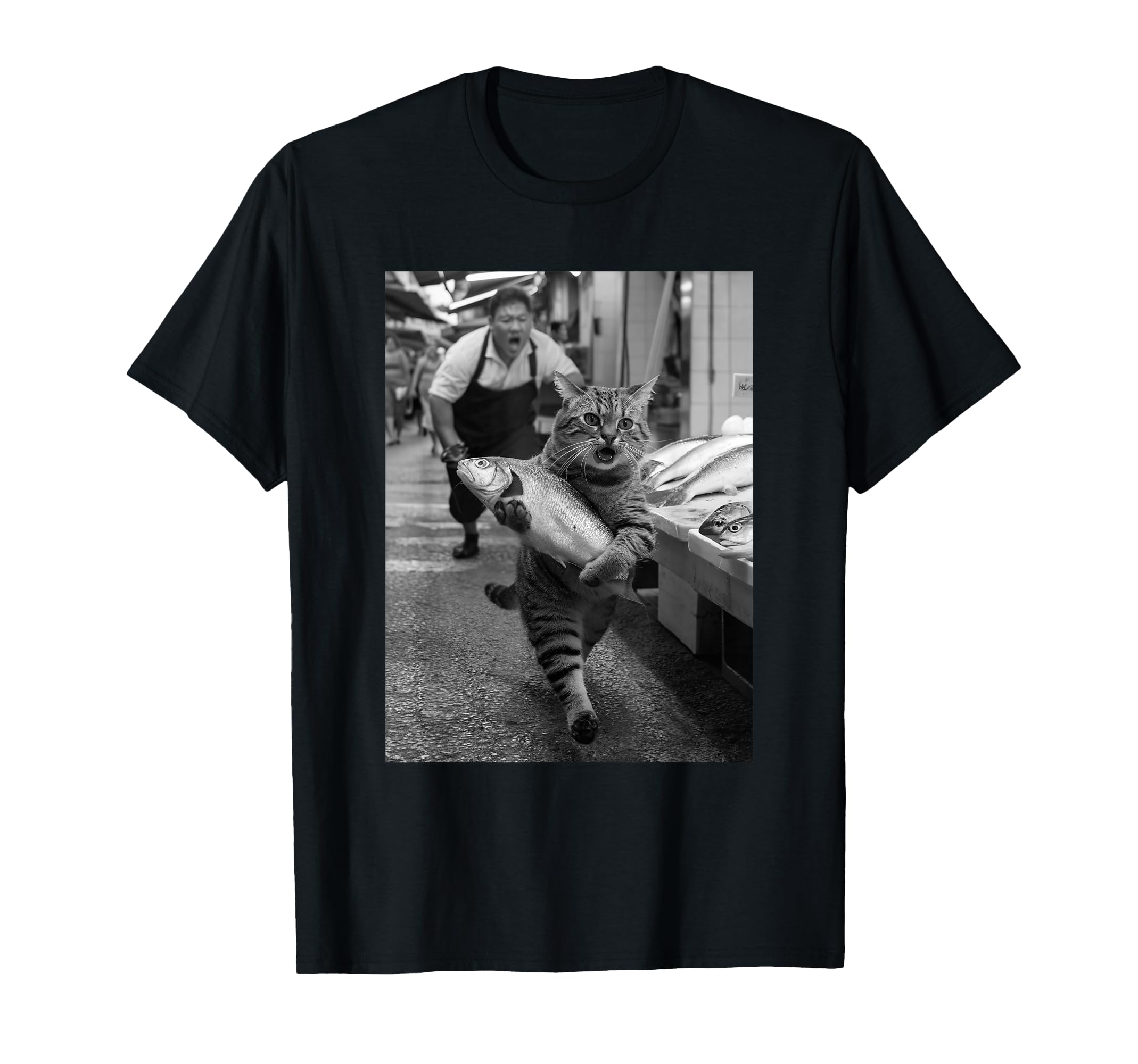 Cat Steals Fish Market Funny Black T-Shirt - Aesthetic Graphic for Adults - T-Shirt, Sweatshirt, Hoodie