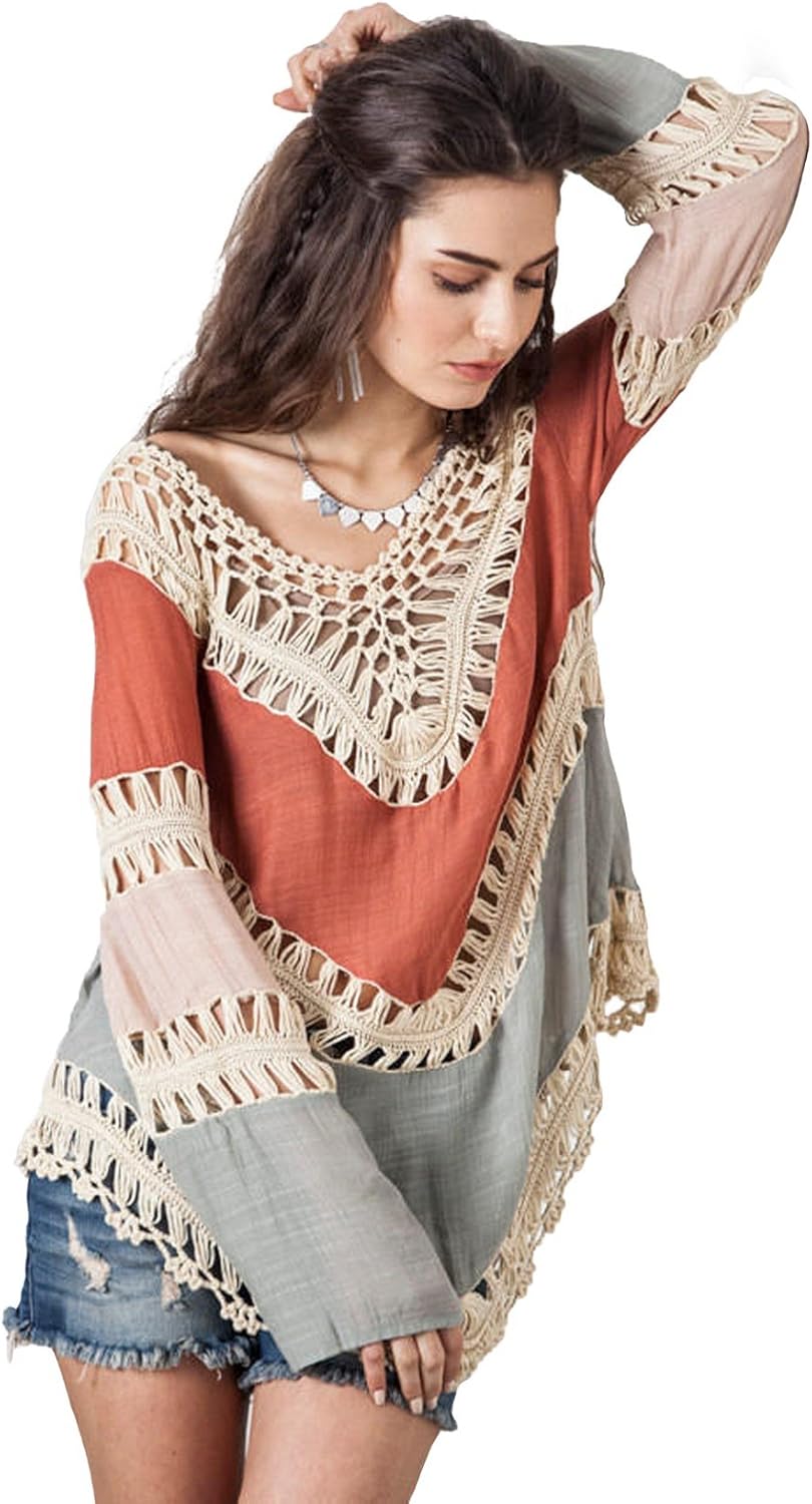 Women's Boho V Neck Crochet Tunic Tops Blouse Hollow - Adult & Kids T-Shirts, Sweatshirts & Hoodies apparel design preview 1