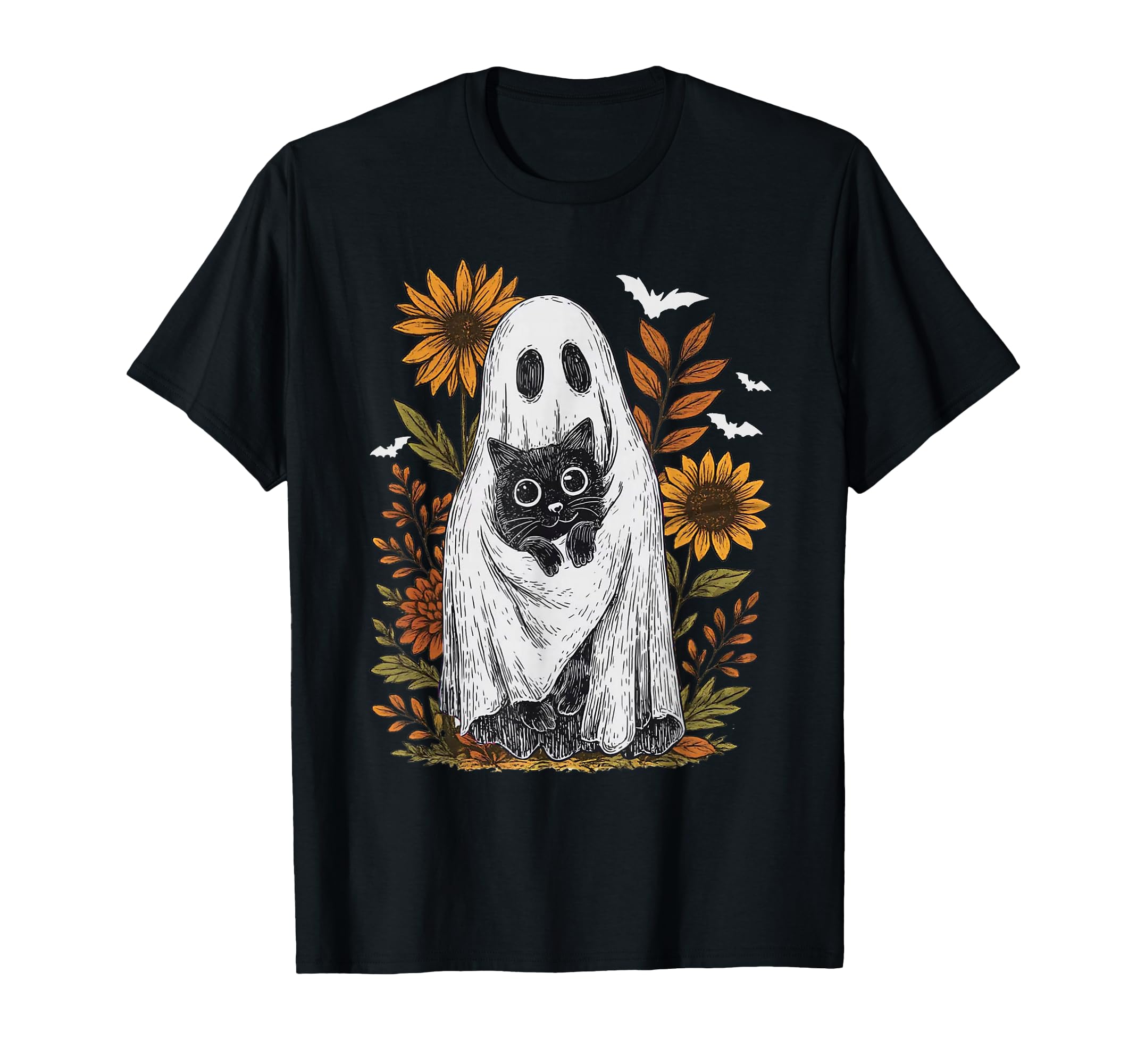Funny Ghost Holding Black Cat Halloween T-Shirt - Graphic Print Men Women - T-Shirt, Sweatshirt, Hoodie