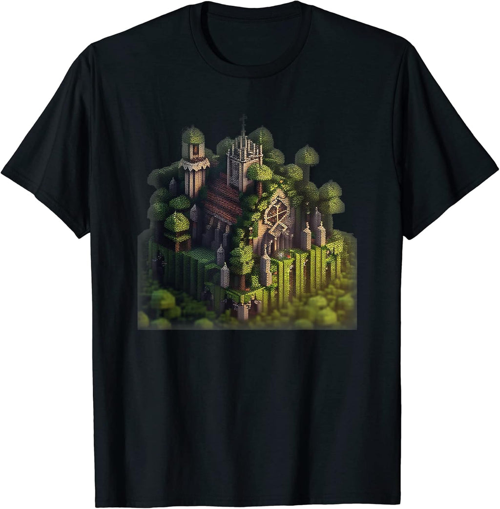 Pixel Art Cute Isometric Cathedral Covered In Vines - Adult & Kids T-Shirts, Sweatshirts & Hoodies apparel design preview 1