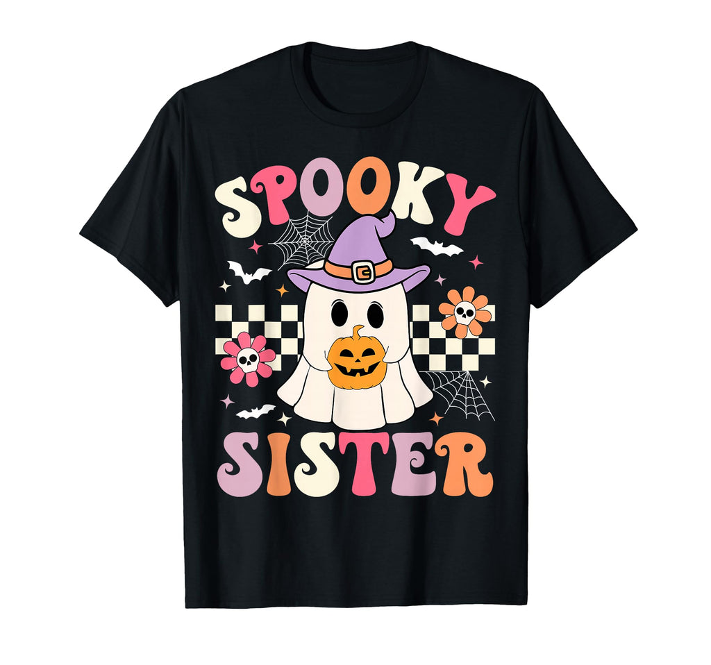 Groovy Spooky Sister Ghost Holding Pumpkin T-Shirt - Trendy Graphic Unisex - T-Shirt, Sweatshirt, Hoodie
