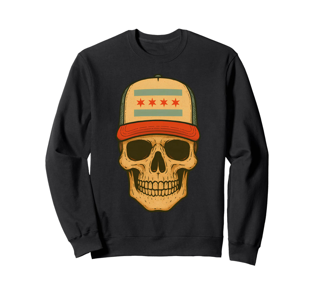 Skull Wearing Chicago Flag Trucker Sweatshirt - Unique Graphic Men Women - T-Shirt, Sweatshirt, Hoodie