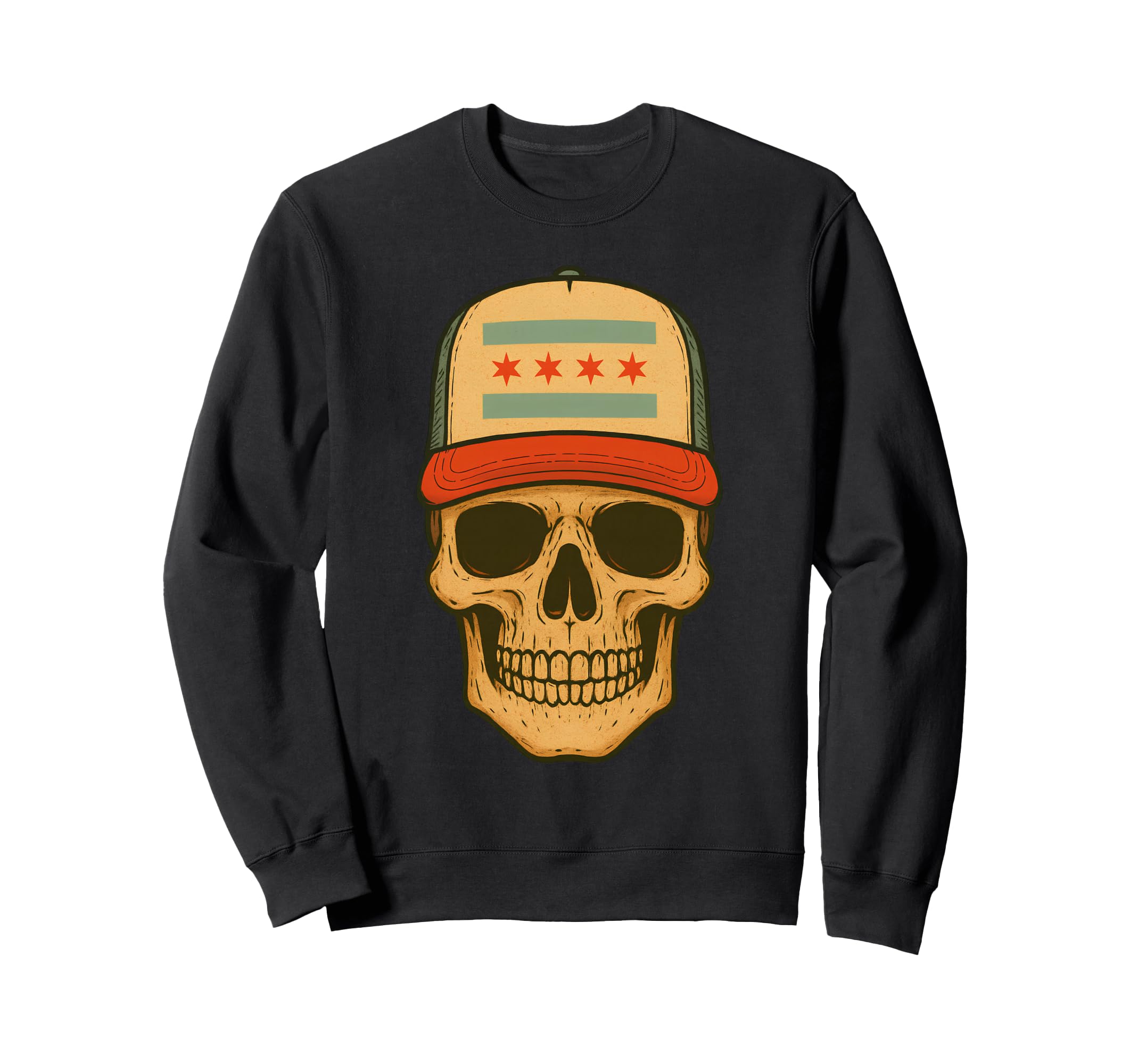 Skull Wearing Chicago Flag Trucker Sweatshirt - Unique Graphic Men Women - T-Shirt, Sweatshirt, Hoodie
