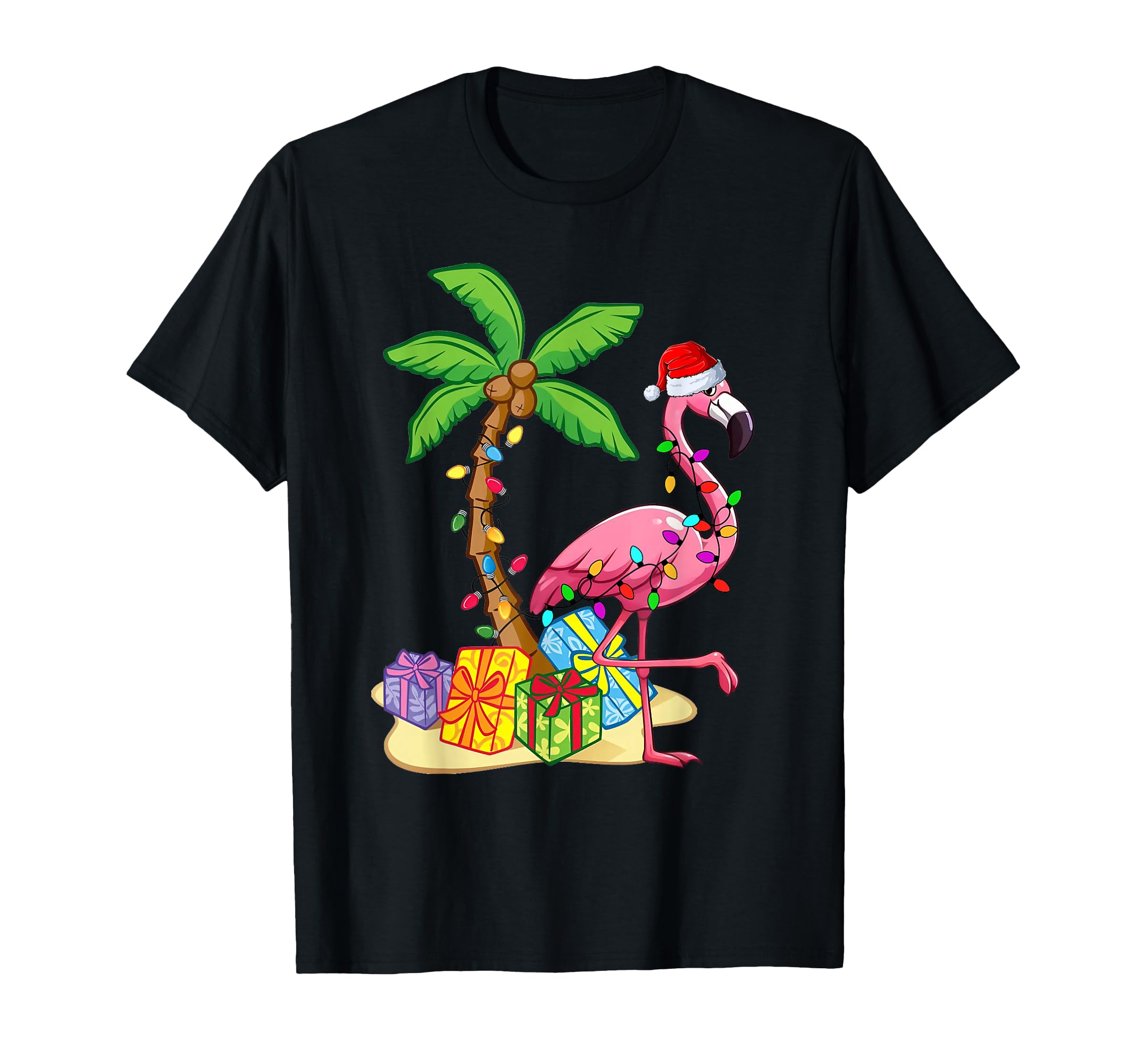 Flamingo Santa Hat Palm Tree Merry T-Shirt - Custom Art Print for Adults - T-Shirt, Sweatshirt, Hoodie