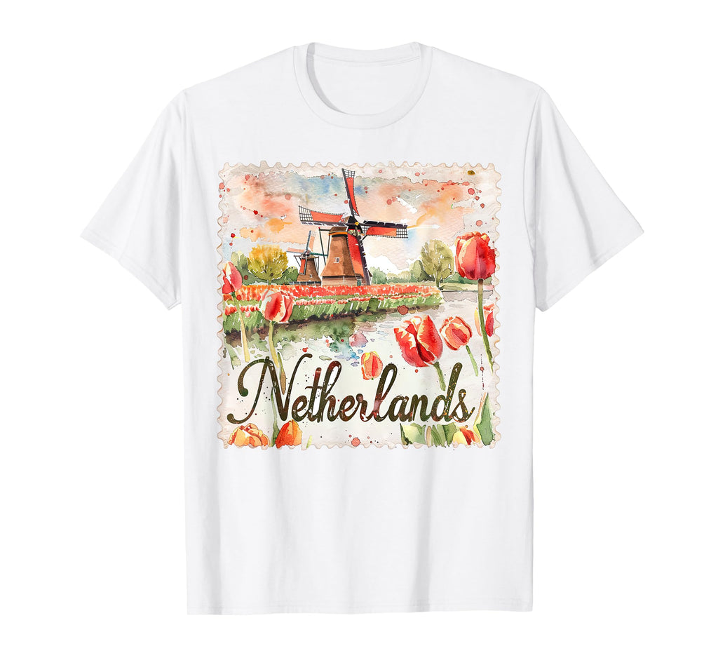 Netherlands Watercolor Windmill Tulips T-Shirt - Graphic Print for Adults - T-Shirt, Sweatshirt, Hoodie