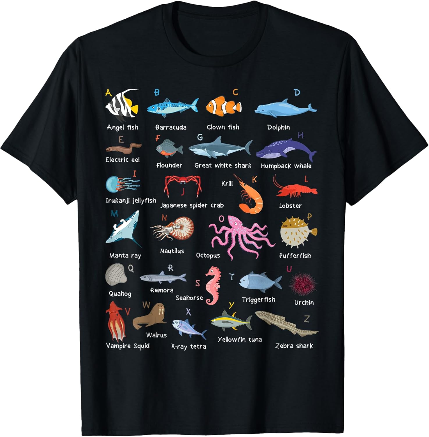 A-Z Ocean Life Exploration Sea Creatures Alphabet - Adult & Kids T-Shirts, Sweatshirts & Hoodies apparel design preview 1