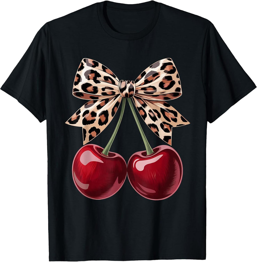 Cute Cherry Leopard Coquette Bow Cherries Women Girls - Adult & Kids T-Shirts, Sweatshirts & Hoodies apparel design preview 1
