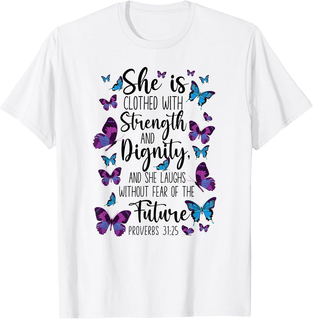 Christian Bible Verse Quote Butterfly Proverbs 31:25 - Adult & Kids T-Shirts, Sweatshirts & Hoodies apparel design preview 1