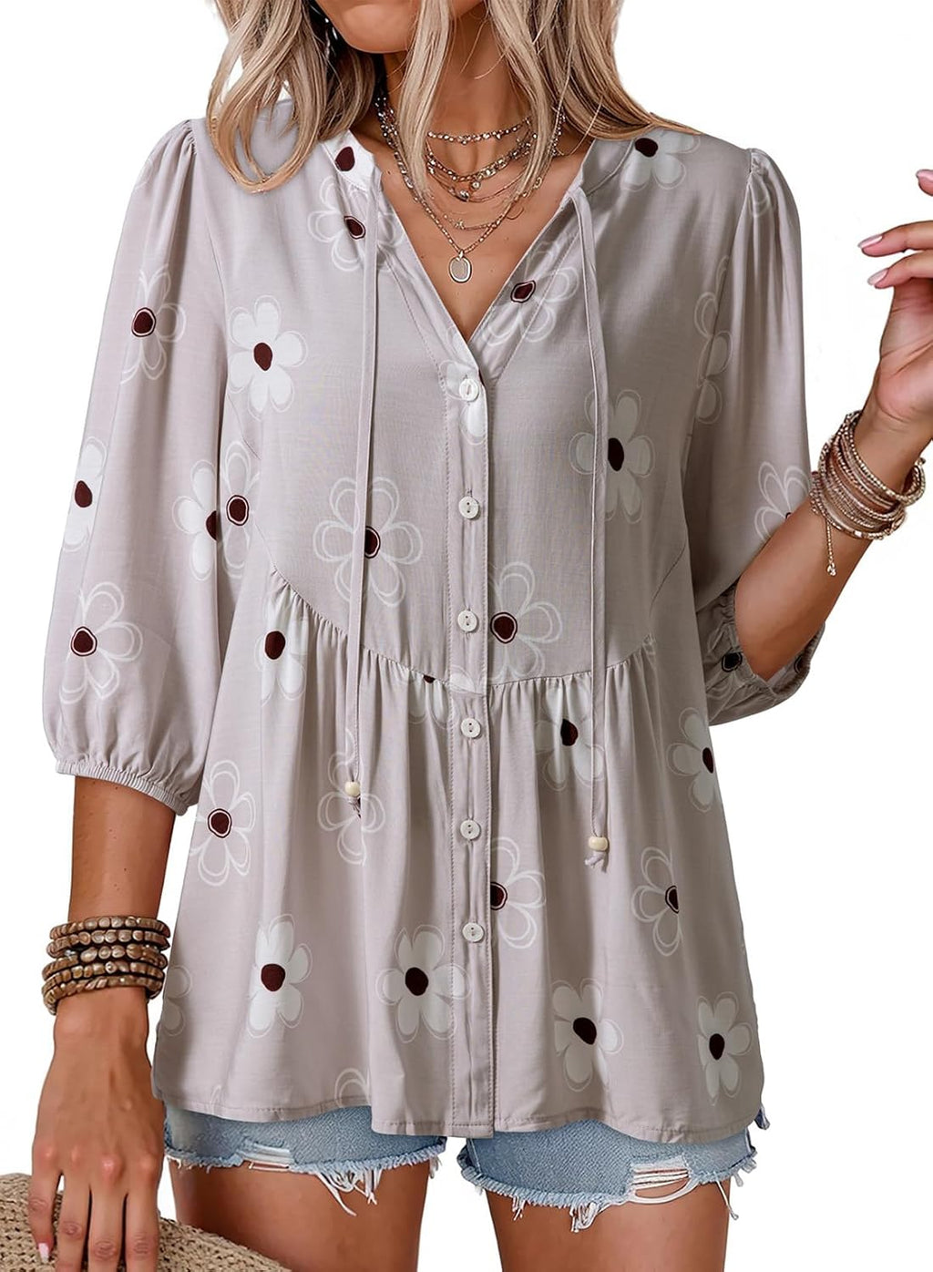 Womens Summer Tops Boho Floral Short Sleeve Button - Adult & Kids T-Shirts, Sweatshirts & Hoodies apparel design preview 1
