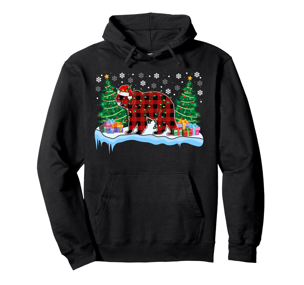 Papa Buffalo Plaid Bear Santa Hat Lights Hoodie - Streetwear Style Unisex - T-Shirt, Sweatshirt, Hoodie