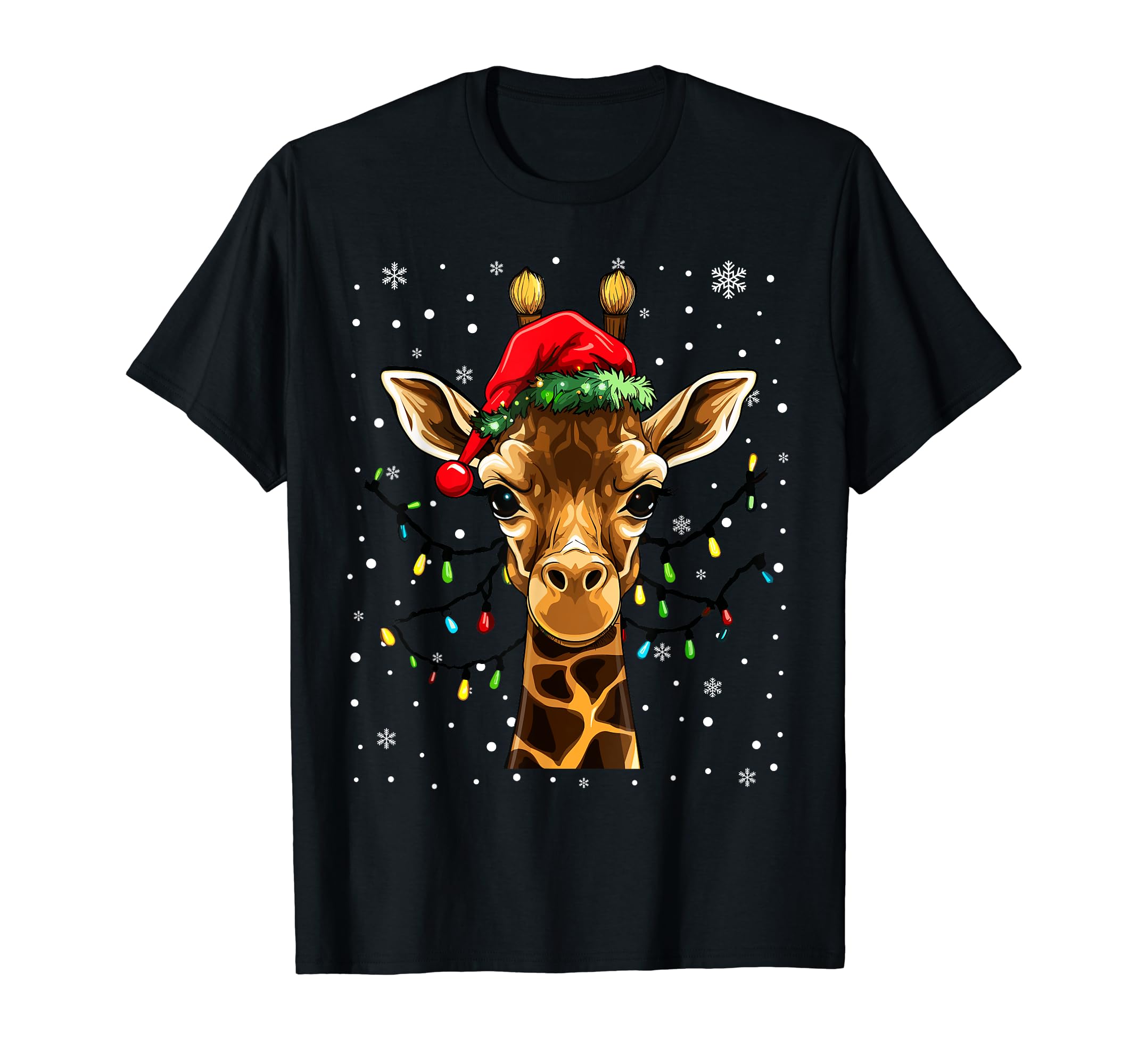 Giraffe Lights Santa Hat Pajama T-Shirt - Custom Art Print Unisex - T-Shirt, Sweatshirt, Hoodie